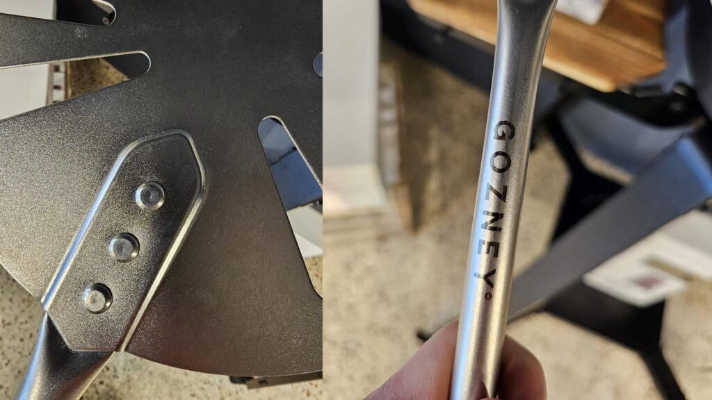 Gozney Roccbox turning peel. On the left a close up of the blade of the peel showing the solid stainless steel construction and how the balde is attached to the handle. On the right, showing a close up of the handle with the Gozney logo