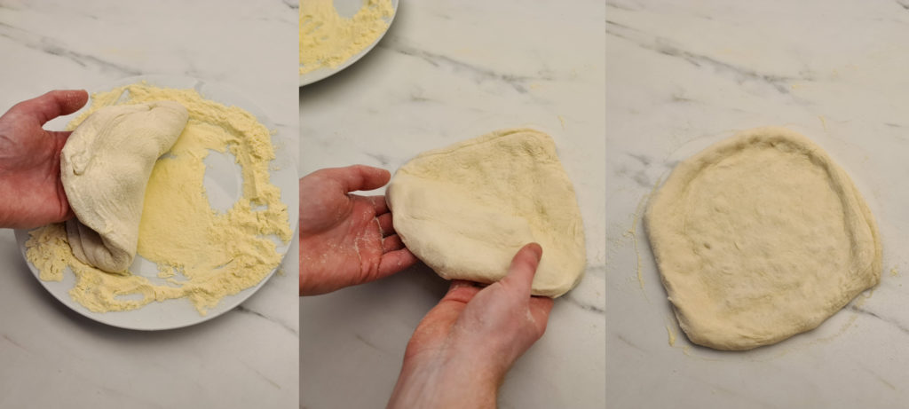Moving pizza dough from pile of flour to a clean working surface