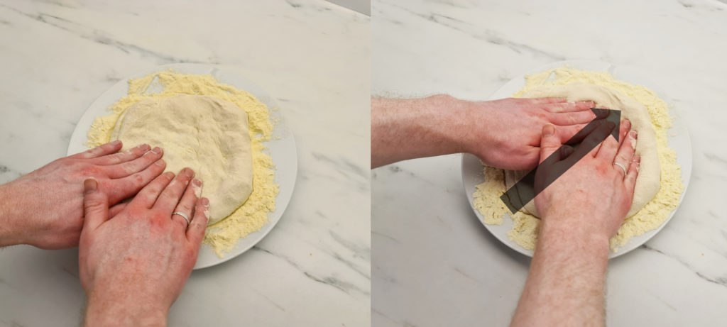 Opening pizza dough by pressing using fingertips and palms