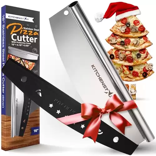 16" Pizza Cutter Rocker by KitchenStar - Razor Sharp Stainless Steel Slicer Knife with Blade Cover, Large + Dishwasher Safe - Premium Pizza Oven Accessories