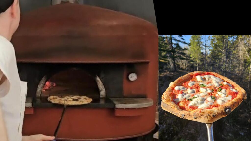 Andreas baking Neapolitan pizza in a wood-fired oven using the Gi.metal turing peel plus a photo of a classic Margherita